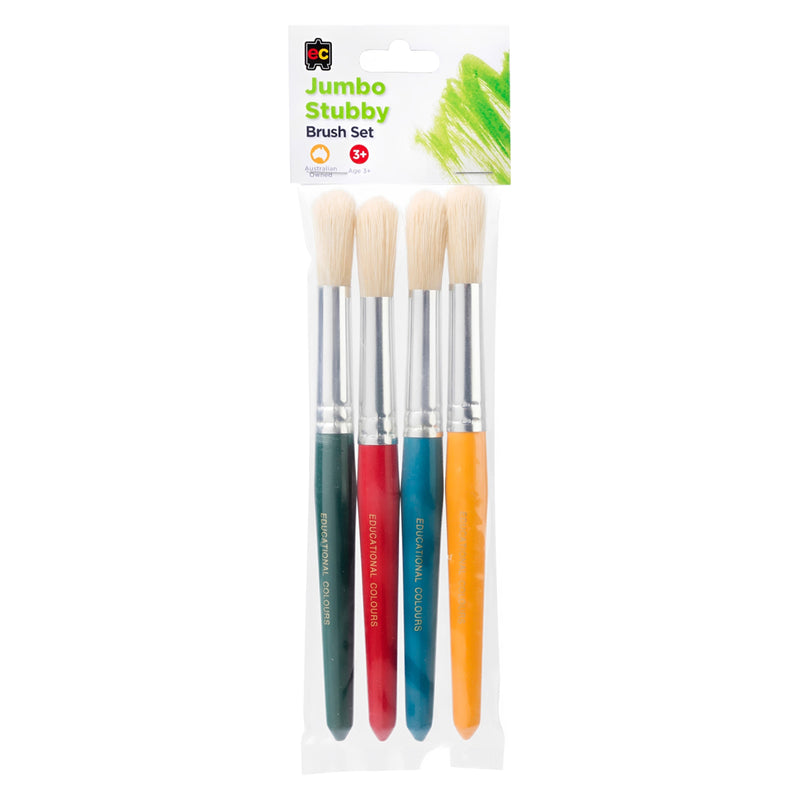 Educational Colours Jumbo Round Stubby Brush Set 4 shown in retail packaging against a clean white background. The pack contains four 19.5cm brushes with rounded genuine hog bristles, silver ferrules