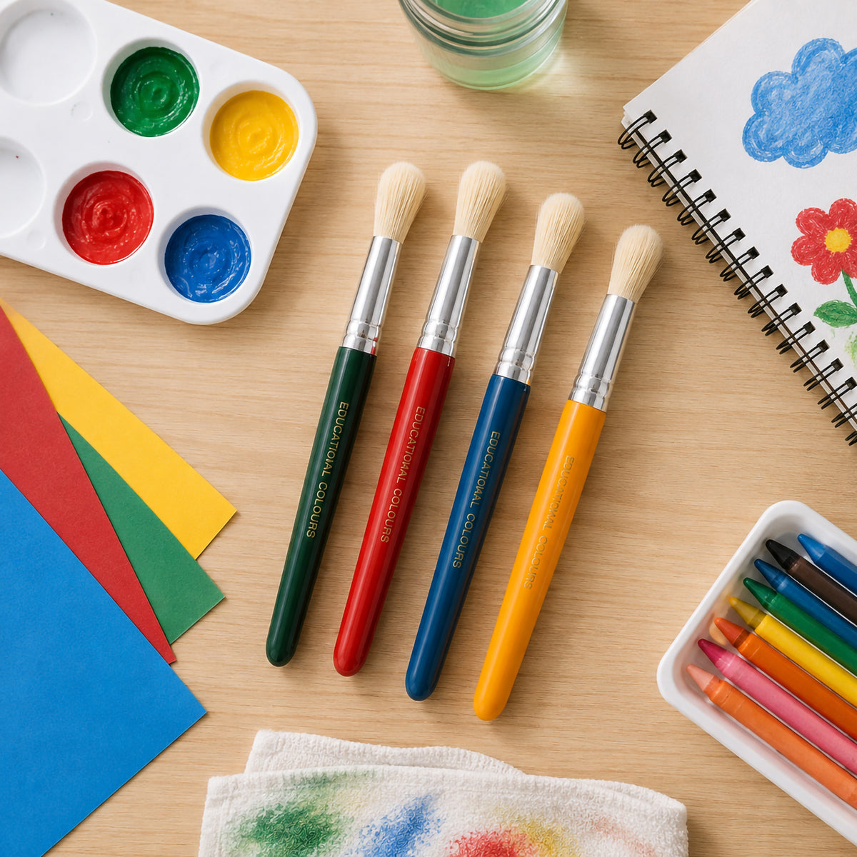 Four Educational Colours Jumbo Round Stubby Brushes arranged across a wooden craft table with coloured paper, paints, crayons and children's artwork