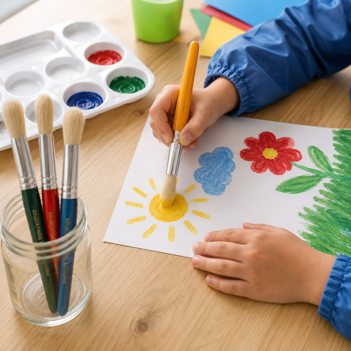 Child using an Educational Colours Jumbo Round Stubby Brush to paint a yellow sun on a colourful picture. The thick handled brush is held comfortably while three additional brushes sit in a glass jar