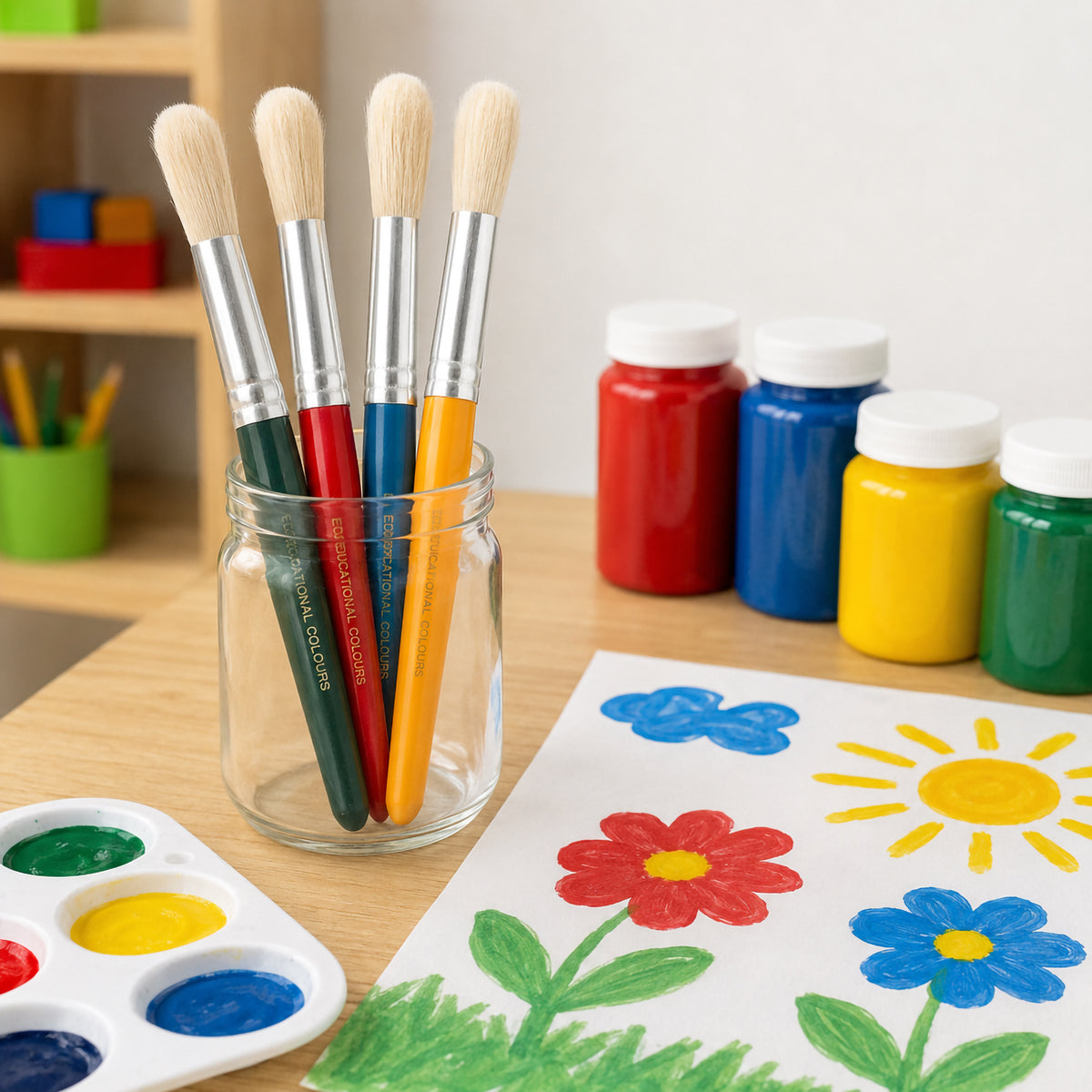 Educational Colours Jumbo Round Stubby Brush Set displayed upright in a glass jar beside colourful paint bottles, a paint palette and a completed flower picture