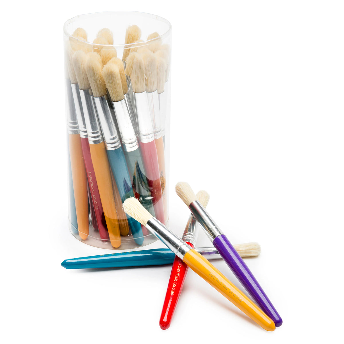 Educational Colours Jumbo Round Stubby Brush Tub with assorted coloured brushes presented against a clean white background