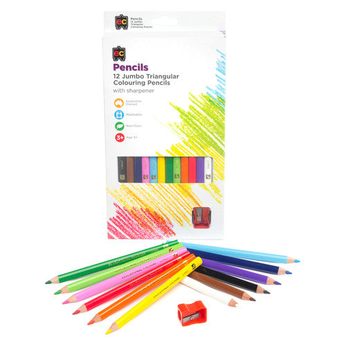 Educational Colours Jumbo Triangular Washable Colouring Pencils set of 12 fanned out showing all colours