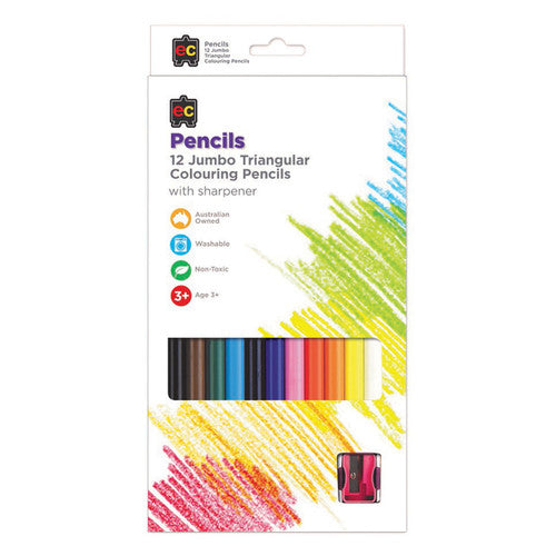 Educational Colours Jumbo Triangular Washable Colouring Pencils Set of 12. Close-up of the thick triangular barrel of an Educational Colours Jumbo Washable Colouring Pencil.