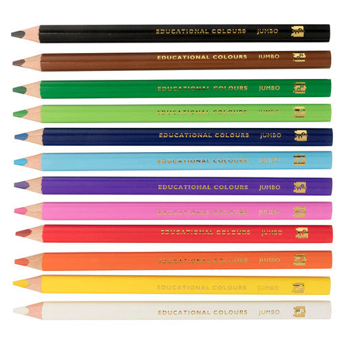 Educational Colours Jumbo Triangular Washable Colouring Pencils Set of 12. Educational Colours Jumbo Triangular Colouring Pencils standing upright in a group, tips visible.