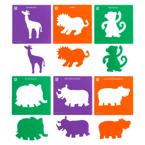 Educational Colours Jungle Animals Stencils set of 6 laid flat showing positive and negative plastic stencil designs