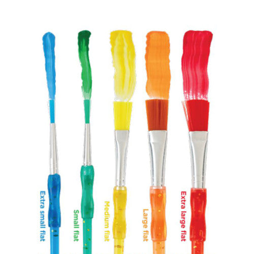 Close-up of five assorted-size junior paint brushes from Educational Colours with colourful glittery handles