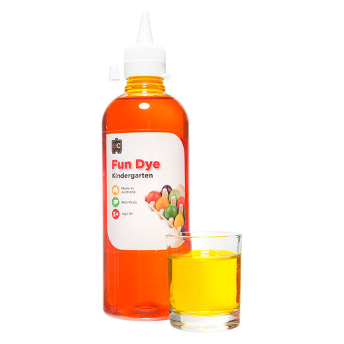 Educational Colours Kindergarten Fun Dye 500ml bottle in yellow, pre-mixed liquid dye made in Australia