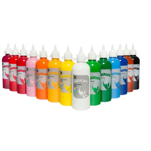 Close-up of Liquicryl 500ml PET bottle label showing Brilliant Blue acrylic paint for junior students