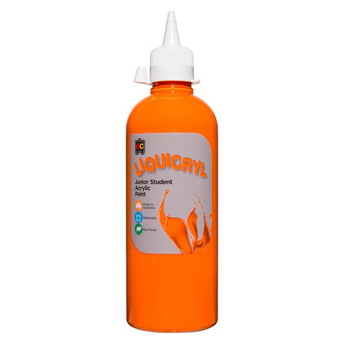Educational Colours Liquicryl Junior Student Acrylic Paint 500ml Orange. Educational Colours Liquicryl Junior Student Acrylic Paint 500ml in Orange, shown in PET bottle.