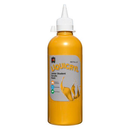 Educational Colours Metallic Liquicryl Junior Student Acrylic Paint 500ml in Gold, shown in PET bottle