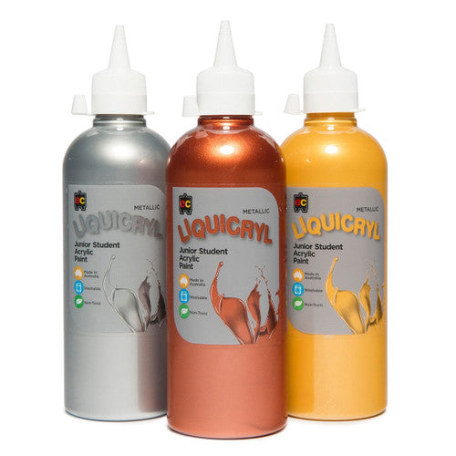 Close-up of Liquicryl Gold metallic acrylic paint 500ml bottle label showing Australian-made branding