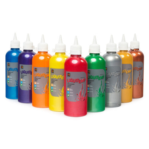 Educational Colours Metallic Liquitemp Classroom Poster Paint 500ml Red. Close-up of red metallic poster paint showing creamy texture and PET bottle packaging.