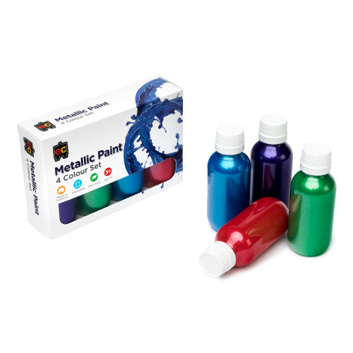 Educational Colours Metallic Paint 100ml Set of 4. Educational Colours Metallic Paint 100ml bottles in red, blue, green, and purple arranged together.