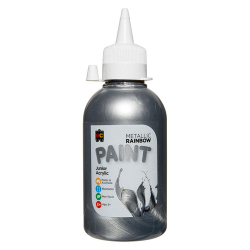 Educational Colours Metallic Rainbow Junior Acrylic Paint 250ml Silver. Educational Colours 250ml Silver Metallic Rainbow Junior Acrylic Paint bottle.