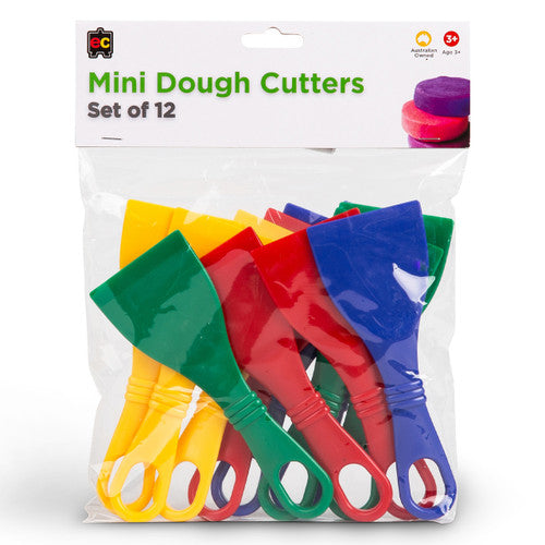 Educational Colours Mini Dough Cutters Set of 12. Close-up of small plastic dough cutters in yellow, orange, blue, and green from Educational Colours.