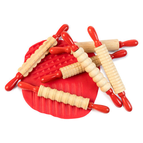 Educational Colours Mini Pattern Rolling Pins 19cm laid out as a set of 6 showing distinct textured surfaces