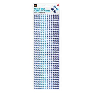 Educational Colours Mixed Adhesive Gems Blue retail pack presented on a clean white background, showing Educational Colours branding, the 6mm gem size, 504 piece quantity and complete assortment of mixed blue self adhesive craft gems.