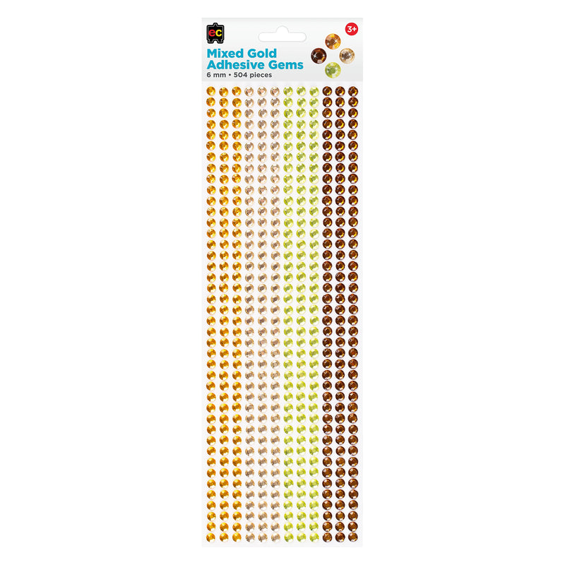 Educational Colours Mixed Adhesive Gems Gold retail pack on a clean white background, showing Educational Colours branding, 6mm gem size, 504 piece quantity and the complete mixed colour adhesive gem sheet.