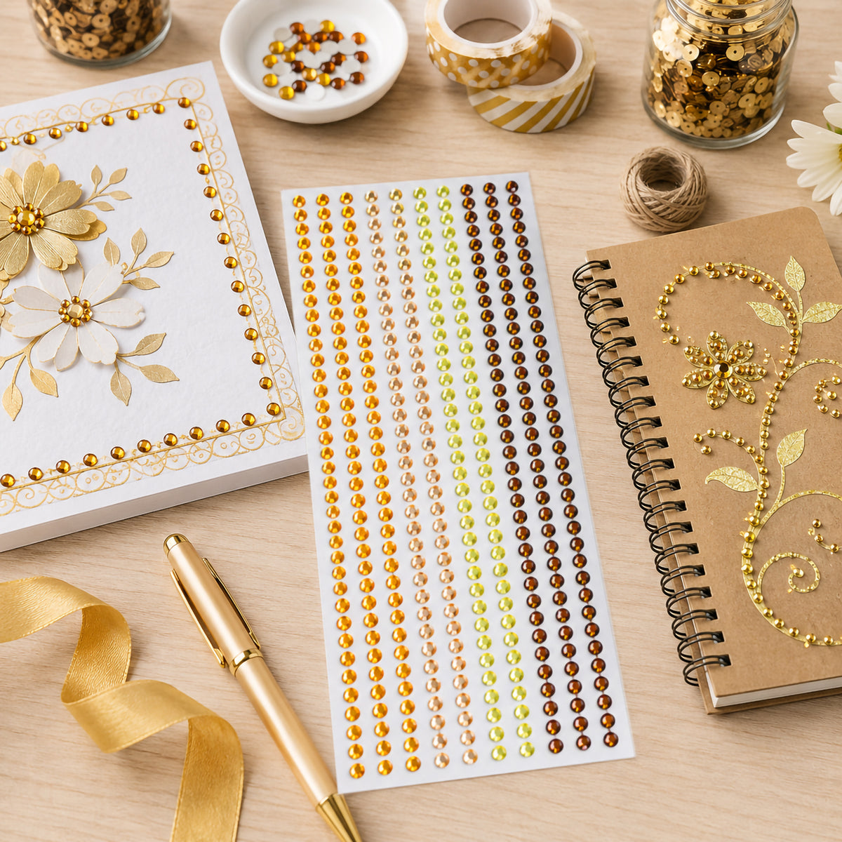 Educational Colours Mixed Adhesive Gems Gold sheet displayed on a craft table between a floral card and decorated kraft notebook, showing the assorted warm tones alongside gold ribbon, craft tape and coordinating embellishments.