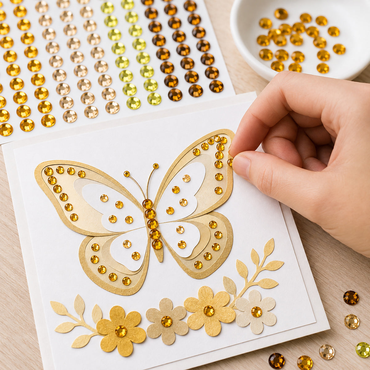 Educational Colours Mixed Adhesive Gems Gold being applied by hand to a layered butterfly card, showing golden 6mm gems decorating the wings and body alongside coordinating flowers and warm metallic paper details.
