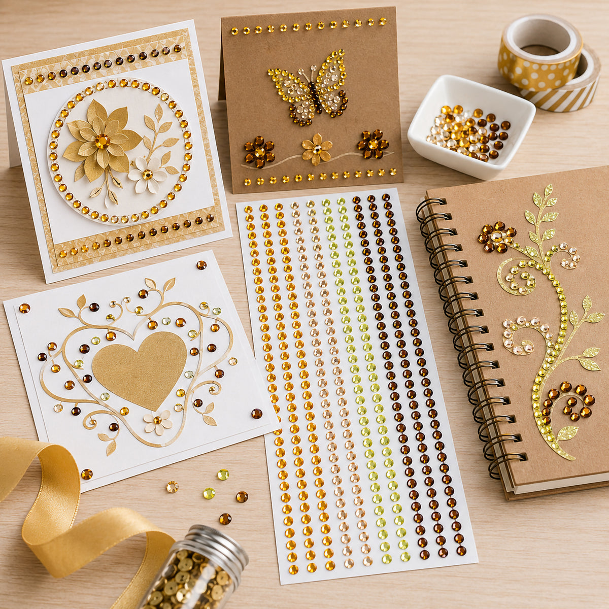Educational Colours Mixed Adhesive Gems Gold arranged with finished handmade cards and a spiral notebook, demonstrating the gems used for butterfly, heart, floral and scrolling botanical designs across white and natural kraft paper.