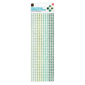Educational Colours Mixed Adhesive Gems Green retail pack on a clean white background, showing the Educational Colours branding, 6mm gem size, 504 piece quantity and complete assortment of mixed green self adhesive craft gems.