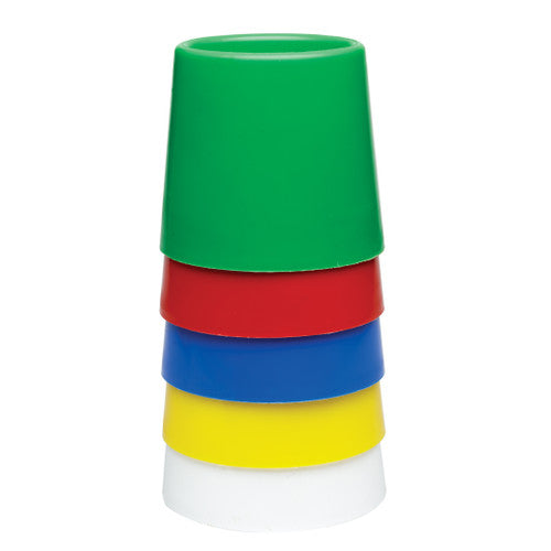 Educational Colours No.5 Water Pot Set showing five colour-coded pots in red, yellow, blue, green, and white with extra wide bases