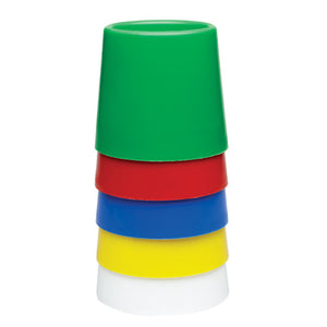 Educational Colours No.5 Water Pot Set showing five colour-coded pots in red, yellow, blue, green, and white with extra wide bases