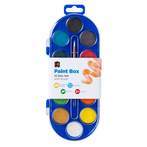 Educational Colours Paint Box Clear Lid 12 Disc. Educational Colours Paint Box Clear Lid with 12 assorted watercolour discs and brush.