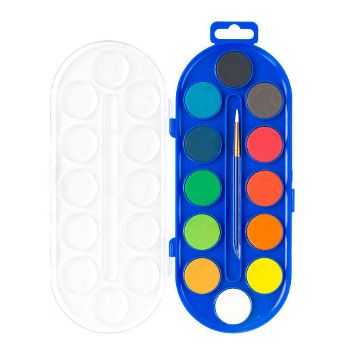 Educational Colours Paint Box Clear Lid 12 Disc. Top view of Educational Colours Paint Box showing 12 watercolour discs in plastic tray.
