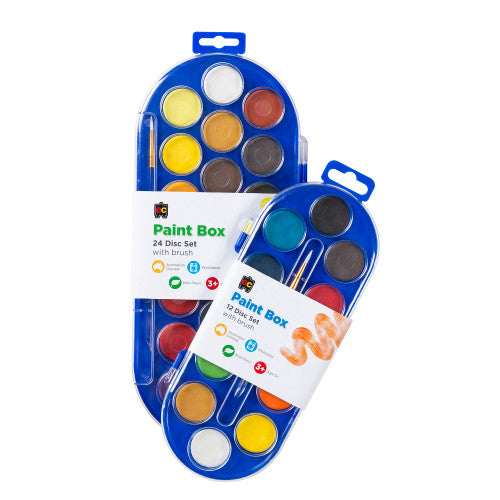 Educational Colours Paint Box Clear Lid 12 Disc. Educational Colours Paint Box with clear lid open, showing palette surface and disc compartments.