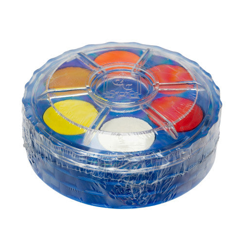 Educational Colours Paint Disc Stack 18 Colour. Close-up of Educational Colours 22mm watercolour discs with clear plastic mixing lid.
