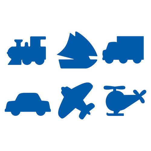 Educational Colours Paint and Dough Stampers Transport Set of 6. Close-up of transport-themed plastic stampers showing 60mm stamp face detail.