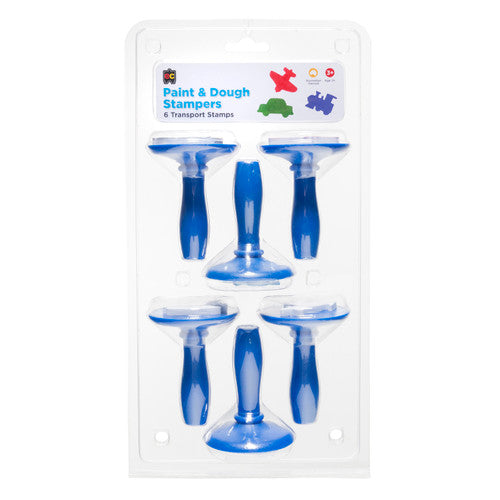 Educational Colours Paint and Dough Stampers Transport Set of 6. Child using Educational Colours paint stamper with transport design on paper.