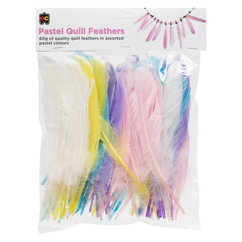 Educational Colours Pastel Quill Feathers 60g Pack. Educational Colours assorted pastel quill feathers 60g pack spread across a white surface.