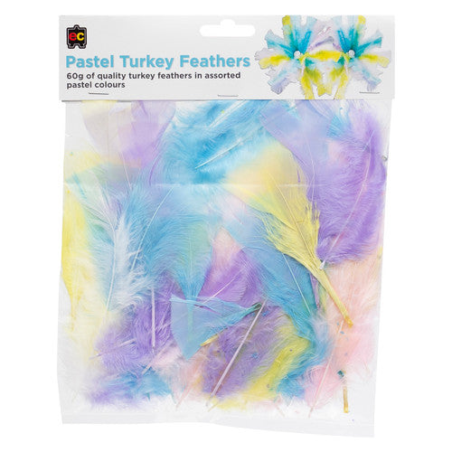 Educational Colours Pastel Turkey Feathers 60g pack showing assorted pastel-coloured feathers suitable for craft projects