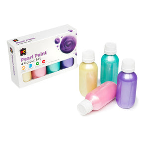 Educational Colours Pearl Paint 100ml Set of 4. Educational Colours Pearl Paint 100ml bottles in pink, violet, yellow and green arranged together.