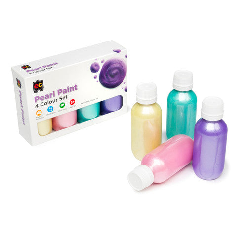Educational Colours Pearl Paint 100ml Set of 4. Educational Colours Pearl Paint 100ml bottles in pink, violet, yellow and green arranged together.