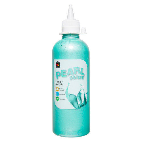 Educational Colours Pearl Paint Junior Acrylic 500ml Green. Educational Colours Pearl Paint Junior Acrylic 500ml in Green - front view of PET bottle.