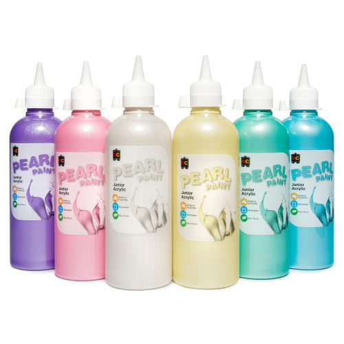 Educational Colours Pearl Paint Junior Acrylic 500ml Violet. Close-up of Educational Colours 500ml Violet pearl acrylic paint bottle showing pearl finish.