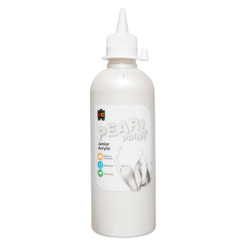 Educational Colours Pearl Paint Junior Acrylic 500ml White. Educational Colours Pearl Paint Junior Acrylic 500ml bottle in White with pearl finish.
