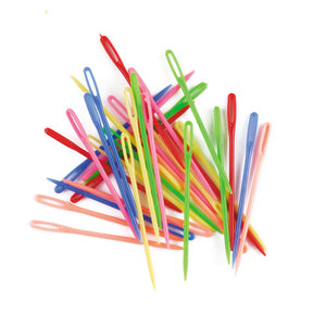 Educational Colours Plastic Needles 75mm Pack of 32. Educational Colours 75mm blunt-tip multi-coloured plastic needles, pack of 32, shown in packaging.