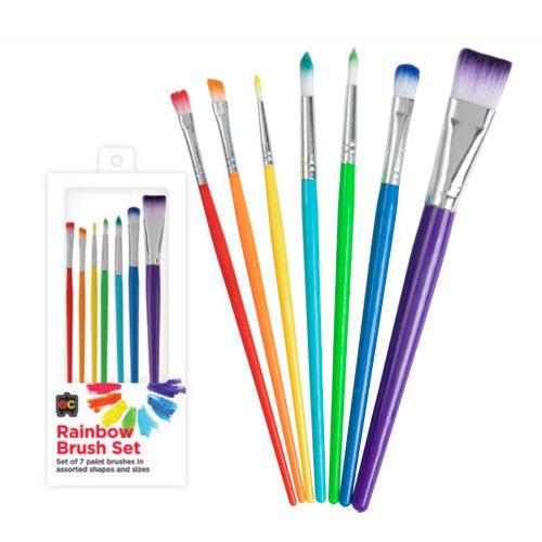 Educational Colours Rainbow Brush Set of 7 nylon brushes displayed in graduated ombre colours. Product photograph 1 of 2 as supplied by Mega Office Supplies.