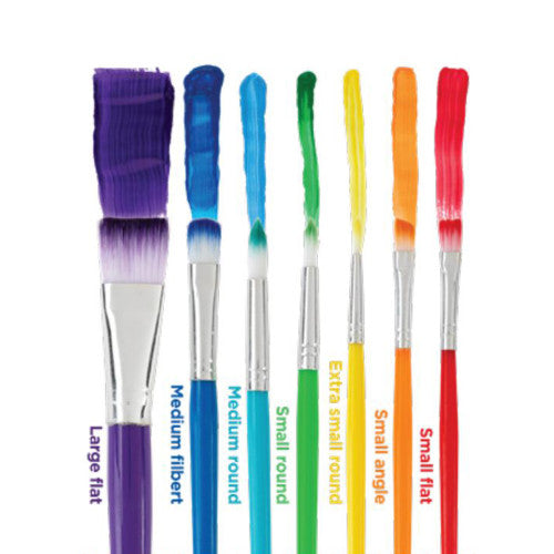 Close-up of the 7 brush styles in the Educational Colours Rainbow Brush Set including flat, round, and filbert