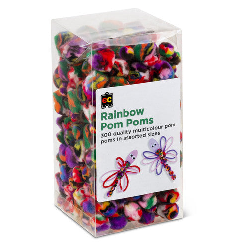 Educational Colours Rainbow Pom Poms pack of 300 in assorted rainbow colours and mixed sizes