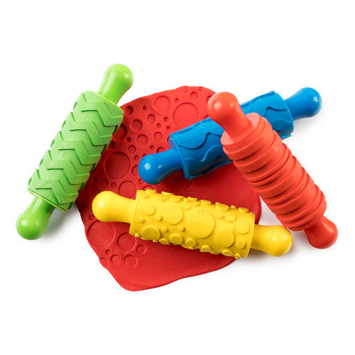 Educational Colours rubber patterned rolling pins, set of 4, shown together displaying four different surface patterns