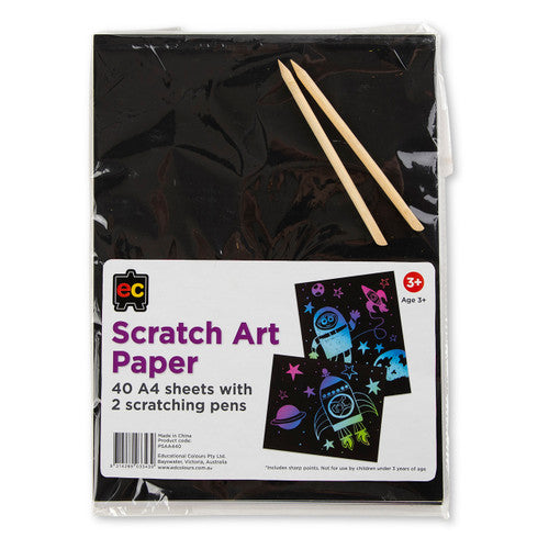 Educational Colours Scratch Art Paper A4 pack of 40 sheets with 2 wooden styluses showing black surface and revealed colourful patterns