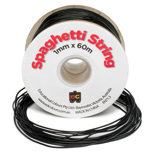 Educational Colours Spaghetti String 60m Black. Educational Colours black PVC spaghetti string on a 60m roll, 1mm diameter.