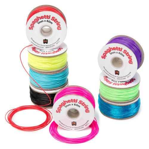 Educational Colours Spaghetti String 60m Black. Close-up of black 1mm PVC spaghetti string suitable for bead threading and jewellery craft.