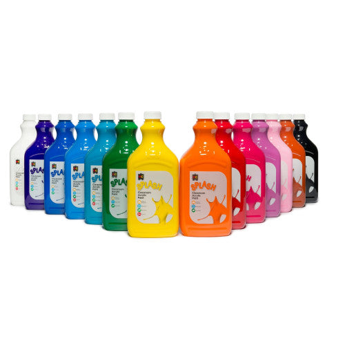 Educational Colours Splash Classroom Acrylic Paint 2L Jelly Belly Blue. Close-up of Educational Colours Splash Acrylic Paint label showing Jelly Belly Blue 2-litre size.